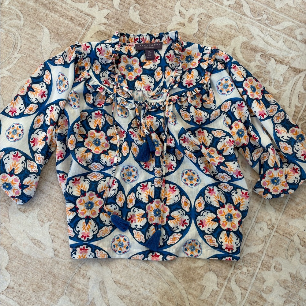 Jane and Delancey Floral Blue pink white 3/4 sleeve top size M